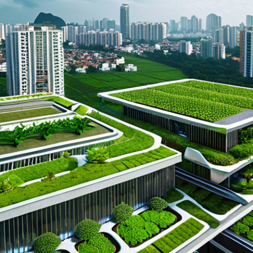 Home 7 "A dynamic, high-angle view of a modern Vietnamese cityscape, reminiscent of Saigon or Hanoi, where traditional high-rise buildings are integrated with innovative urban agriculture. Feature sprawling, lush rooftop gardens on apartment complexes, prominent vertical farms climbing up skyscraper facades, and futuristic aquaponics systems glowing subtly within transparent building sections. The scene should convey a vibrant, sustainable urban future where green spaces thrive amidst concrete, blending nature and advanced architecture. Wide shot, hyper-realistic, high detail, vibrant colors, futuristic lighting."