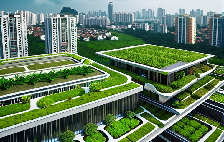 "A dynamic, high-angle view of a modern Vietnamese cityscape, reminiscent of Saigon or Hanoi, where traditional high-rise buildings are integrated with innovative urban agriculture. Feature sprawling, lush rooftop gardens on apartment complexes, prominent vertical farms climbing up skyscraper facades, and futuristic aquaponics systems glowing subtly within transparent building sections. The scene should convey a vibrant, sustainable urban future where green spaces thrive amidst concrete, blending nature and advanced architecture. Wide shot, hyper-realistic, high detail, vibrant colors, futuristic lighting."